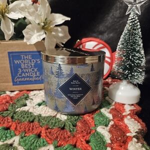 NWT Bath & Body Works Winter 3-wick Candle with Blue and Silver Design